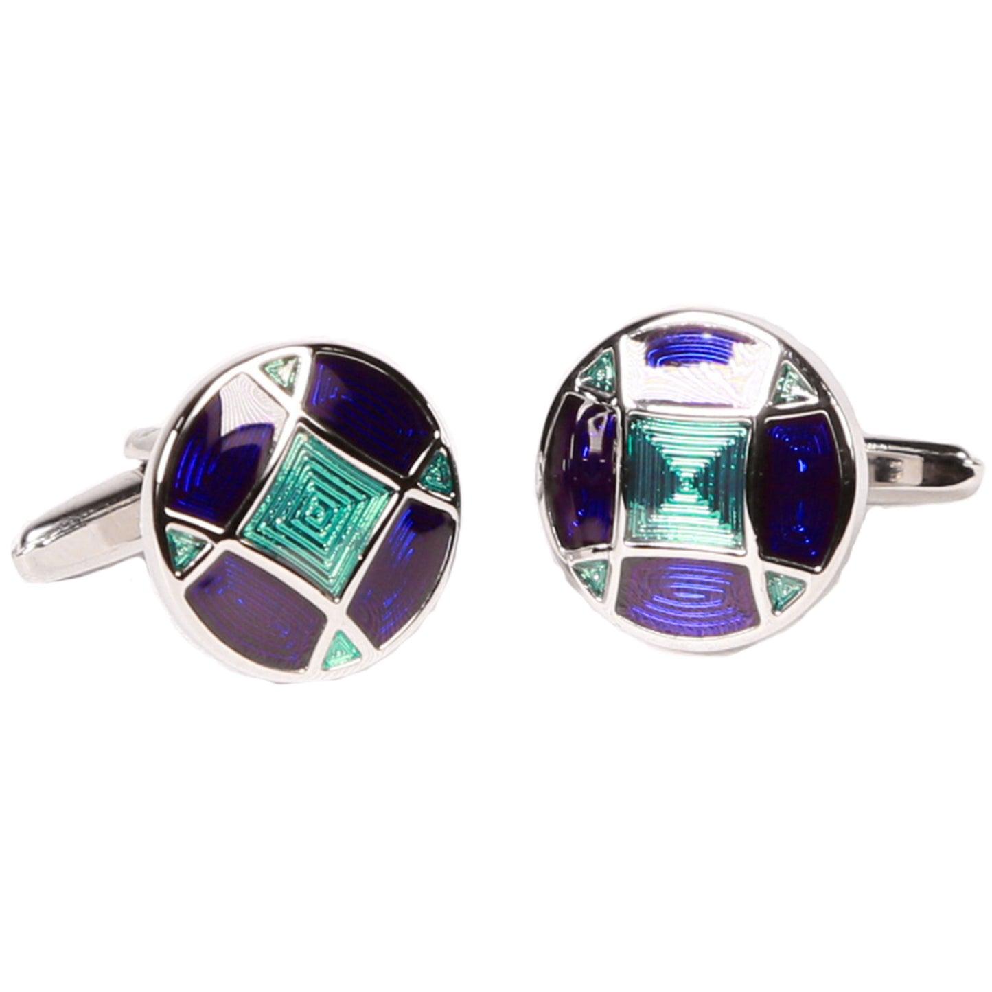 Silvertone Circle Blue Geometric Cufflinks with Jewelry Box