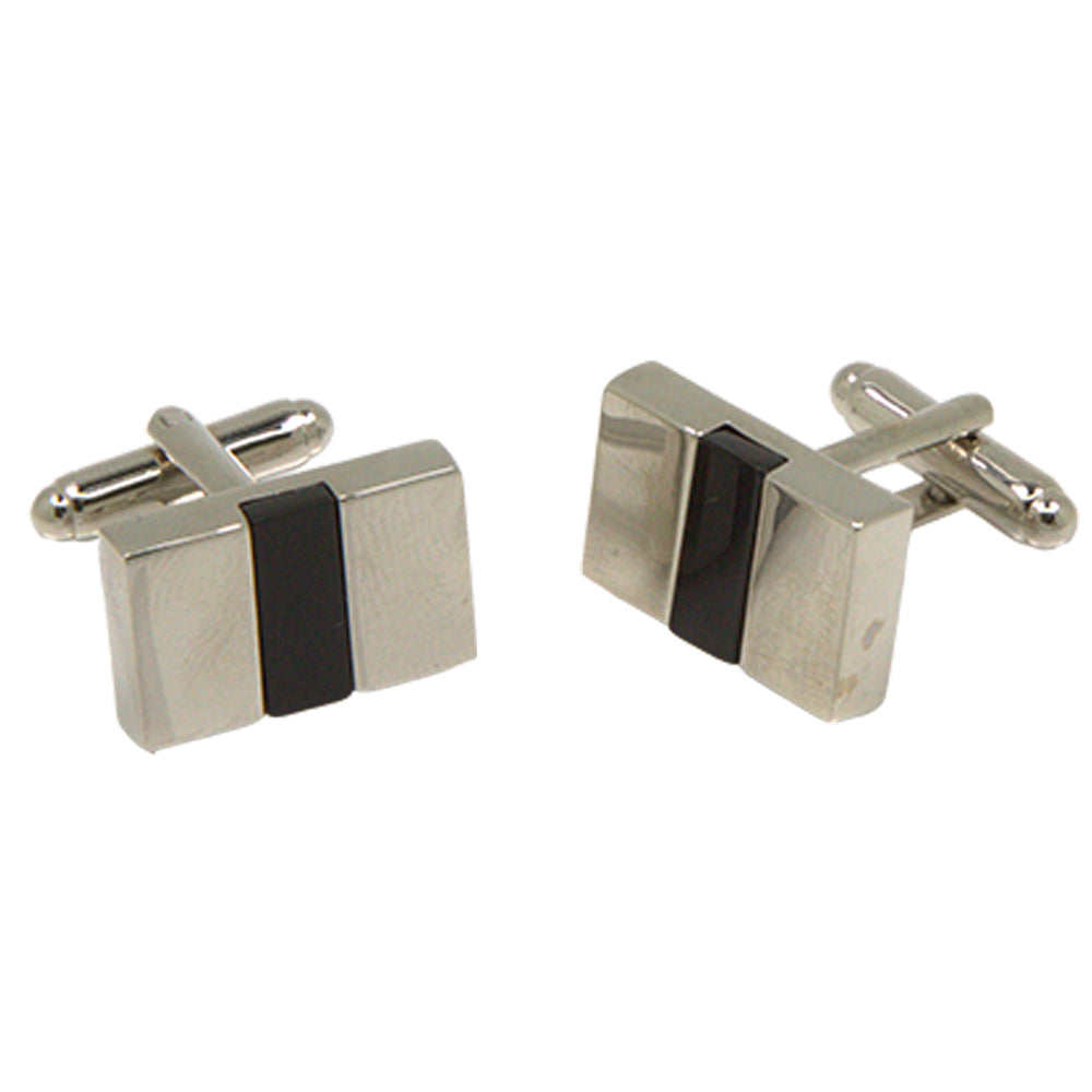 Silvertone Square Black Stone Cufflinks with Jewelry Box