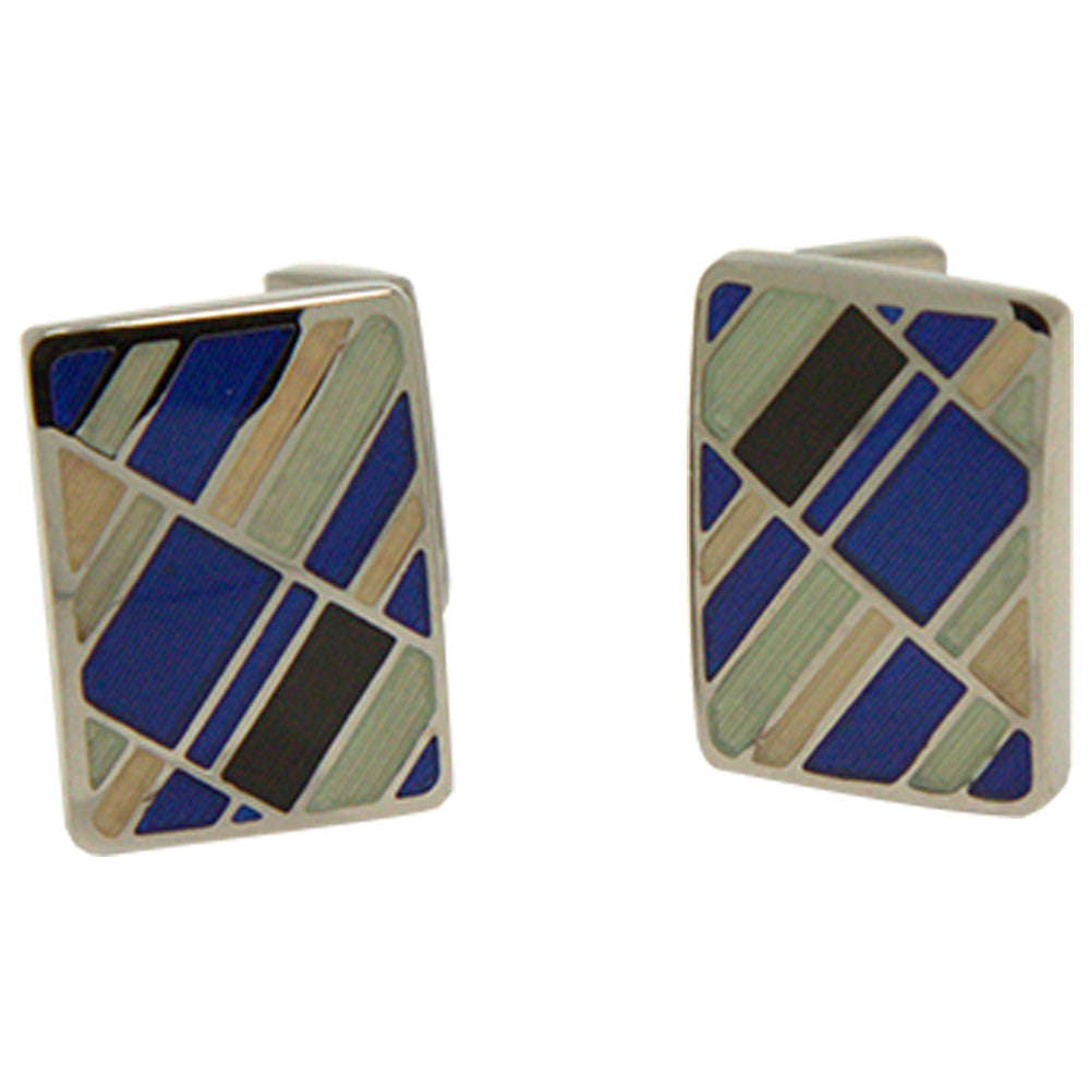 Men’s Silvertone Square Blue Retro Pattern Cufflinks