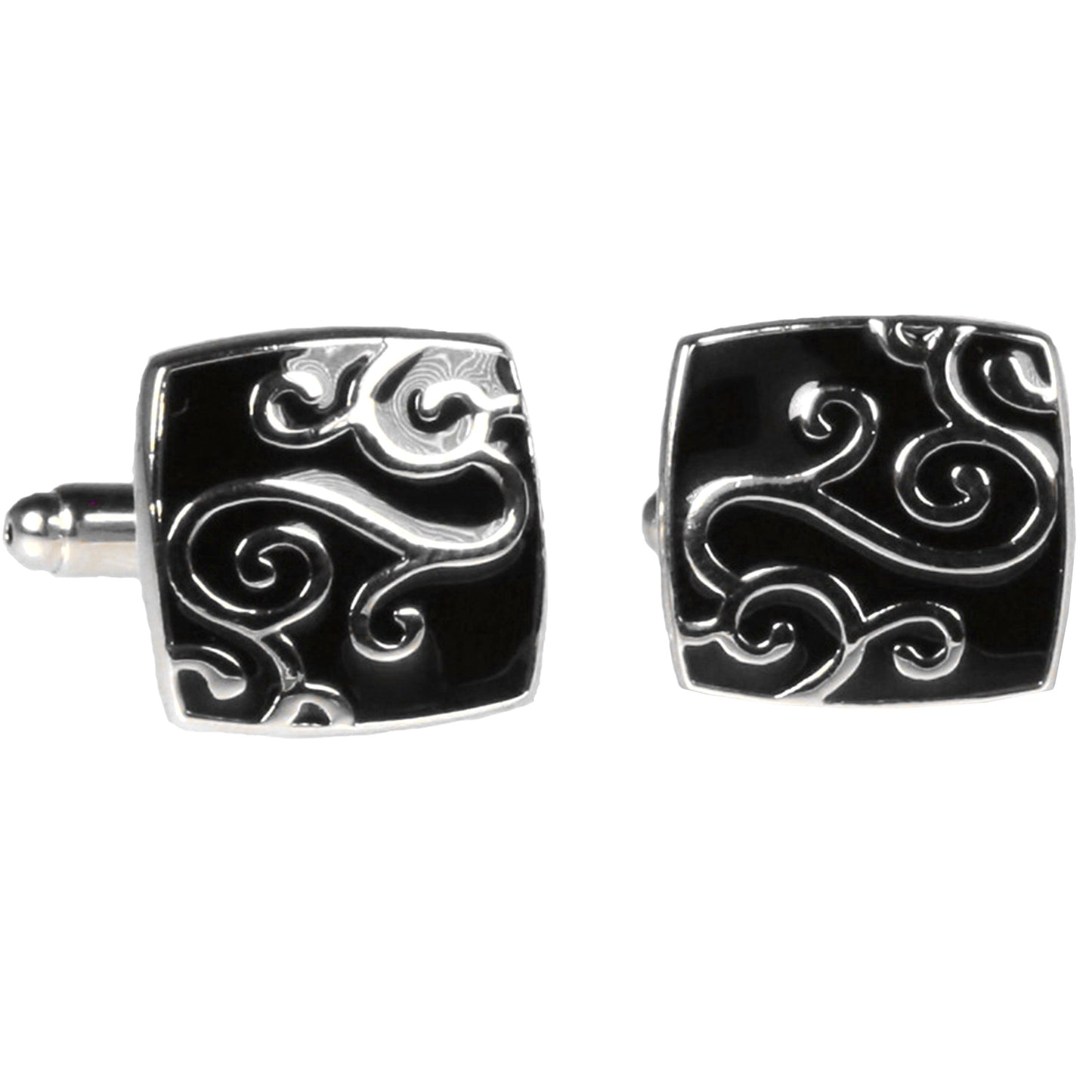 Silvertone Square Black Gold Pattern Cufflinks with Jewelry Box