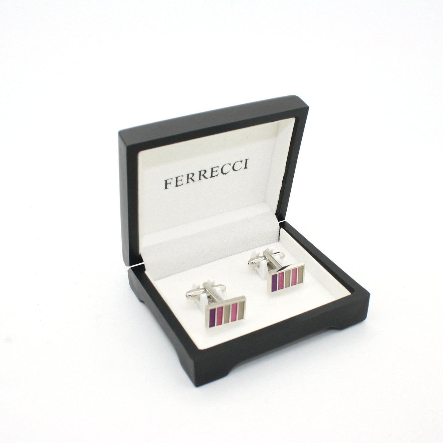 Silvertone Lavender Stripe Cuff Links With Jewelry Box