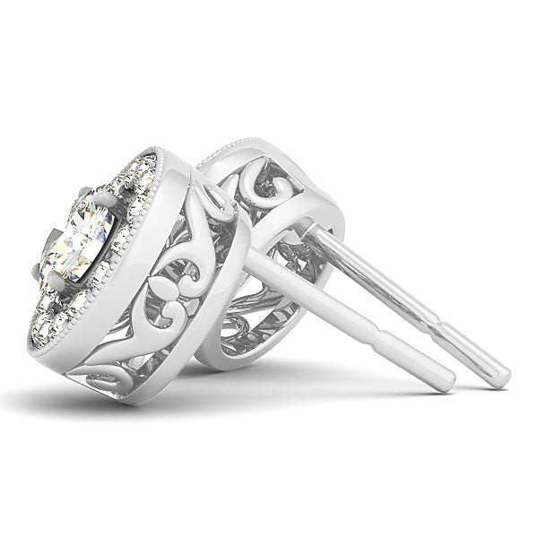Pendientes de halo con borde milgrain de oro blanco de 14k con diamantes redondos (3/4 quilates en total)