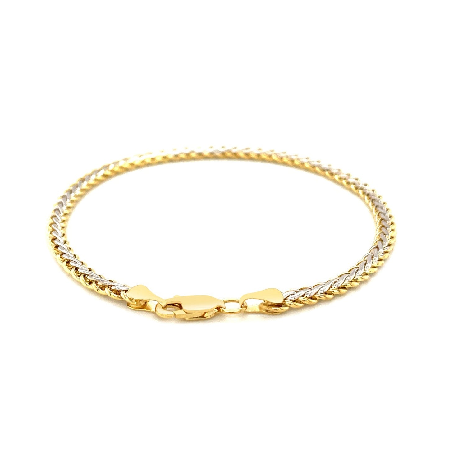 Pulsera de cadena fina de trigo bicolor en oro amarillo y blanco de 10k