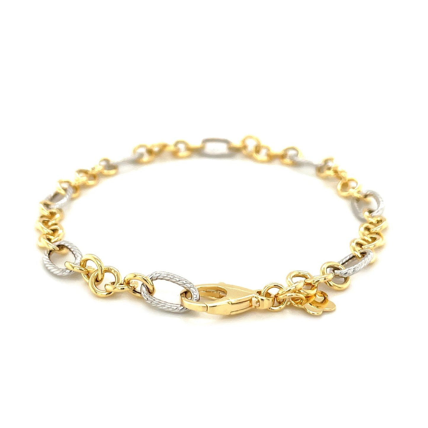 Brazalete con cadena de eslabones ovalados y redondos con motivo de cuerda en oro bicolor de 14k
