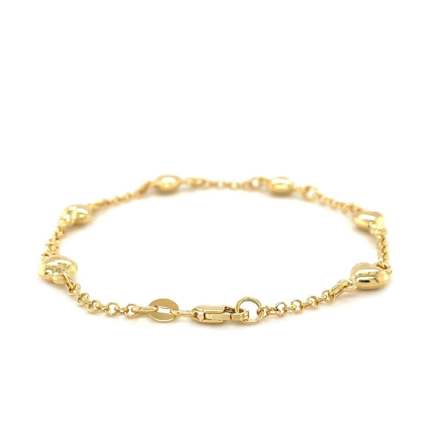 Pulsera de cadena Rolo de oro amarillo de 14k con estaciones de corazones inflados
