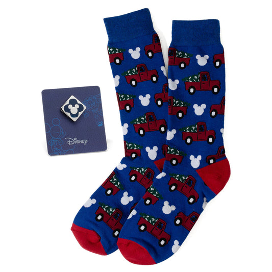 Disney Mickey Mouse Holiday Truck Navy Socks and Blue Lapel Pin Gift Set