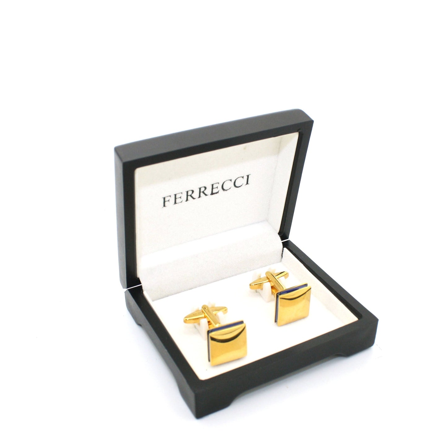 Goldtone Square Blue Lining Cuff Links With Jewelry Box