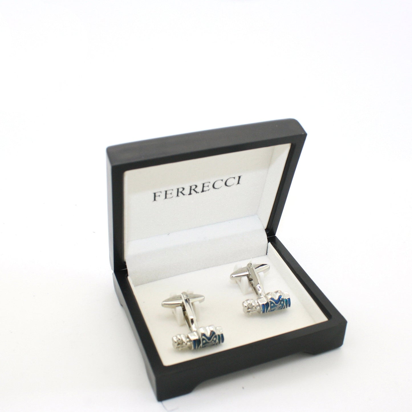 Silvertone Blue Wave Cuff Links With Jewelry Box