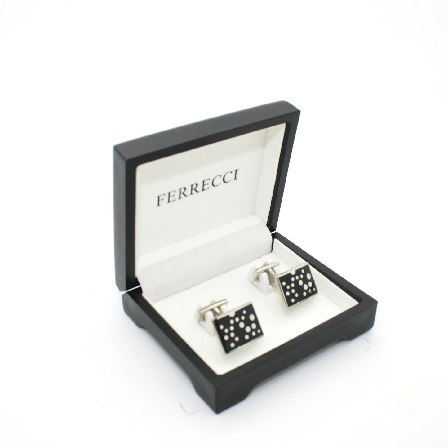 Silvertone Black Dot Design Cuff Links With Jewelry Box
