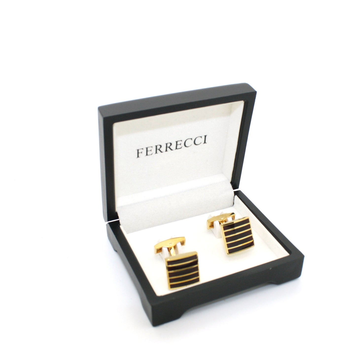 Goldtone Burgundy Stripe Cuff Links With Jewelry Box