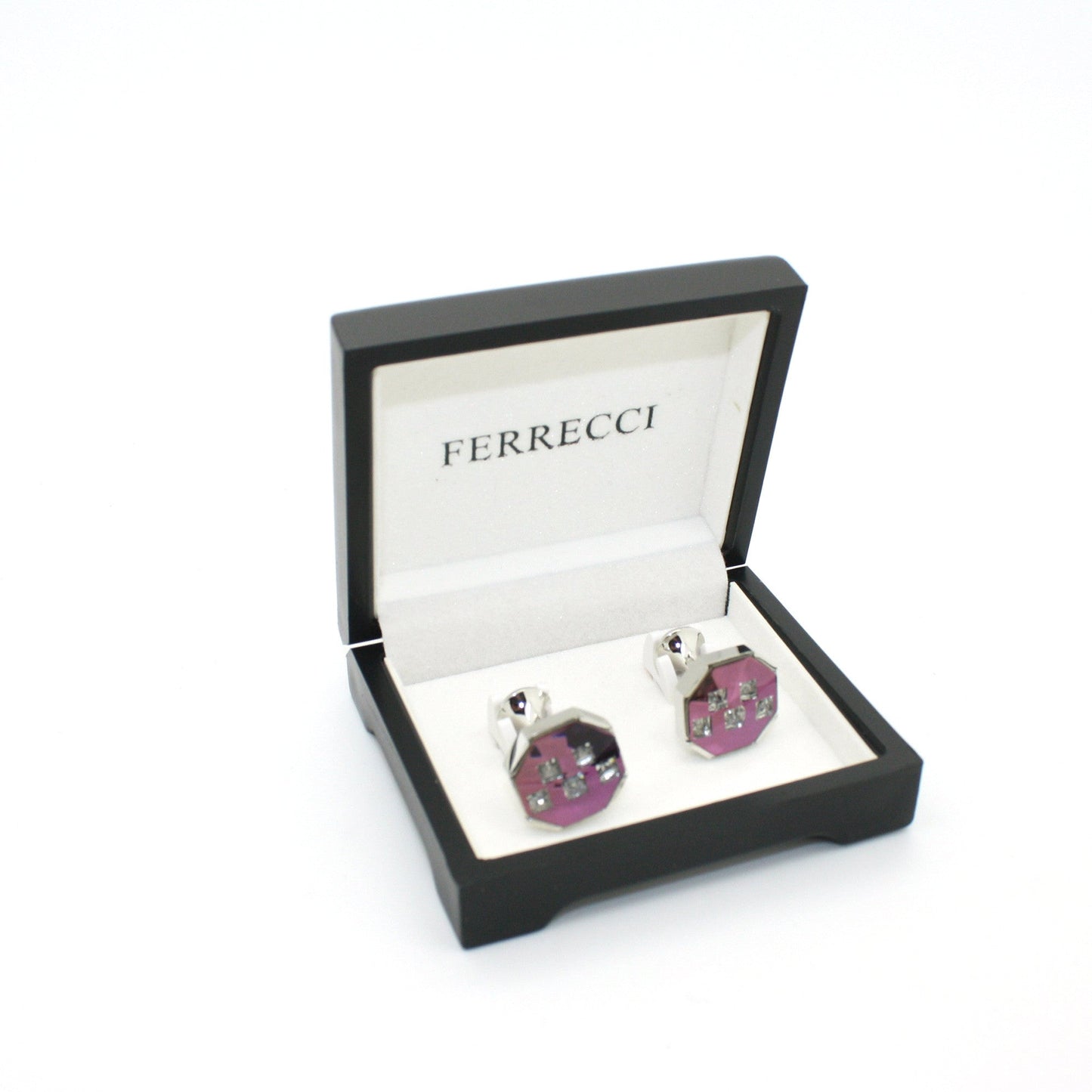 Silvertone Purple Glass Stone Cuff Links With Jewelry Box