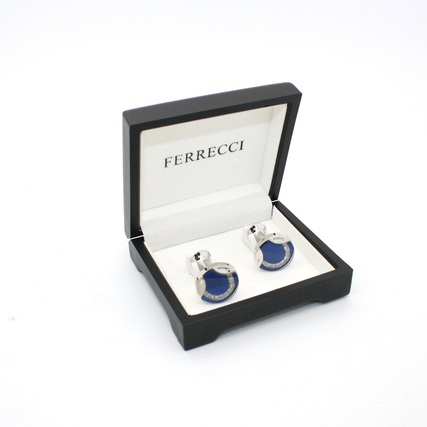 Silvertone Blue Glass Cuff Links With Jewelry Box