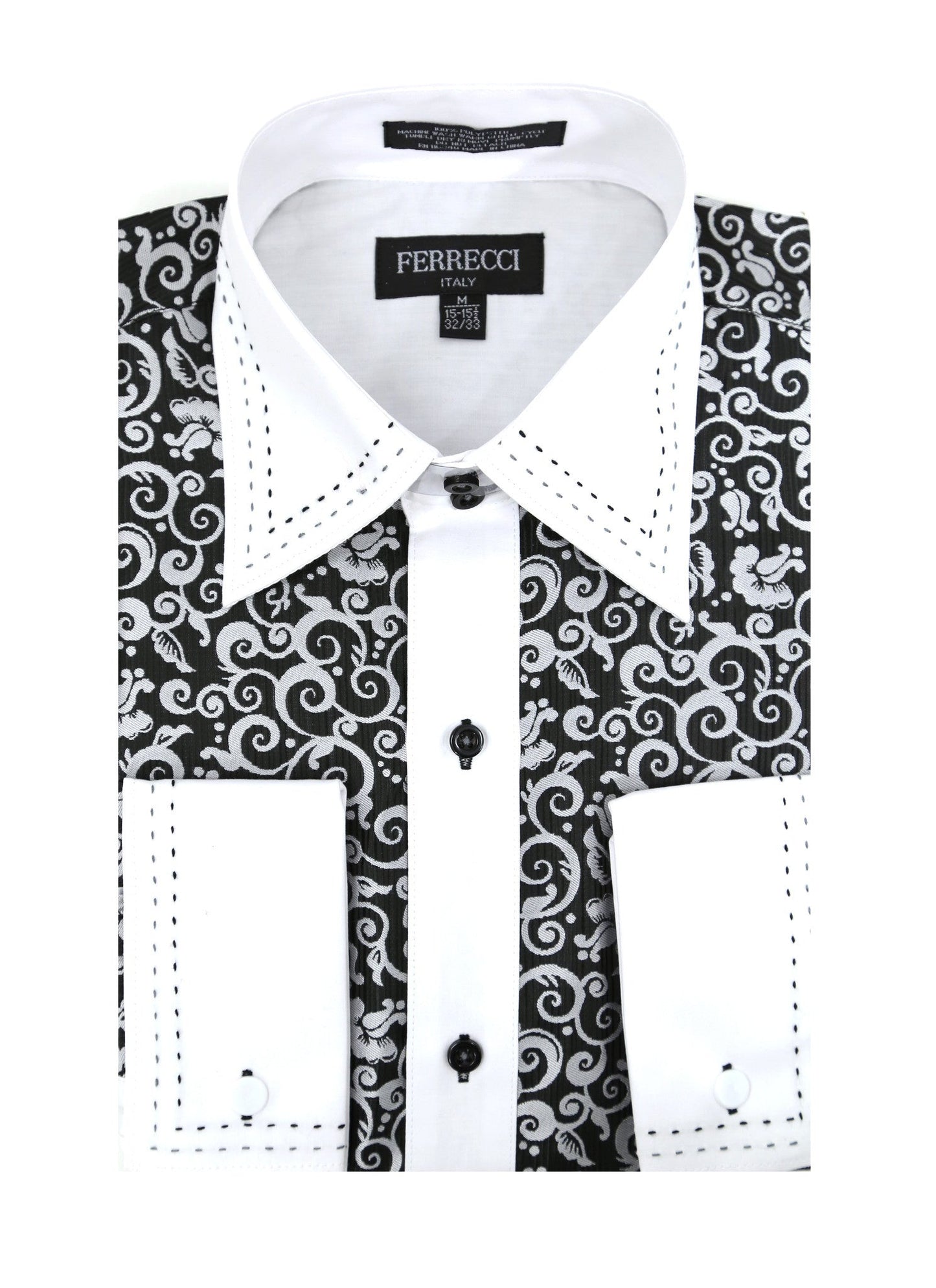 Ferrecci Men's Satine Hi-1006 Black & White Scroll Pattern Button Down Dress Shirt