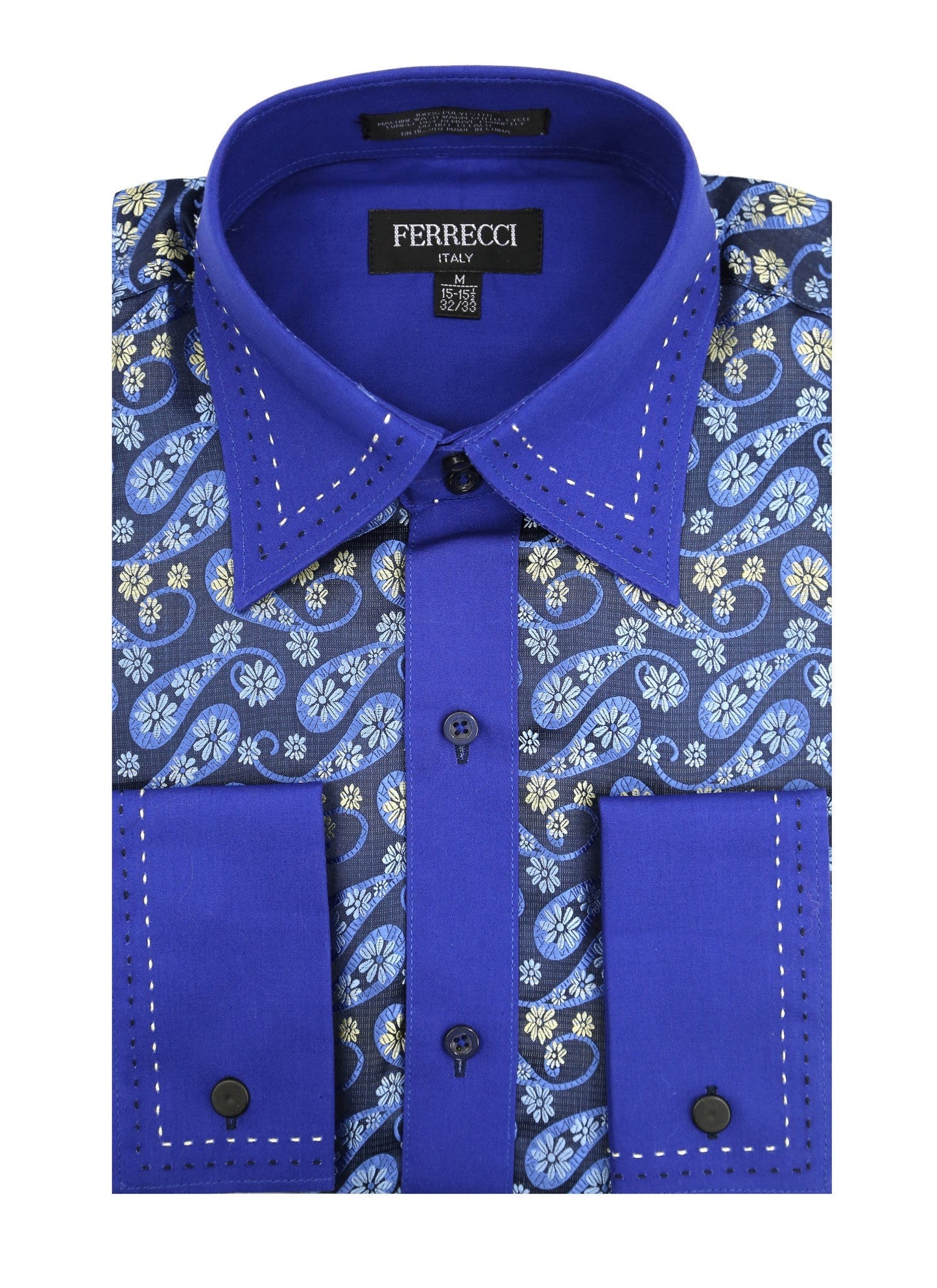 Ferrecci Men's Satine Hi-1009 Paisley Flower Blue Button Down Dress Shirt
