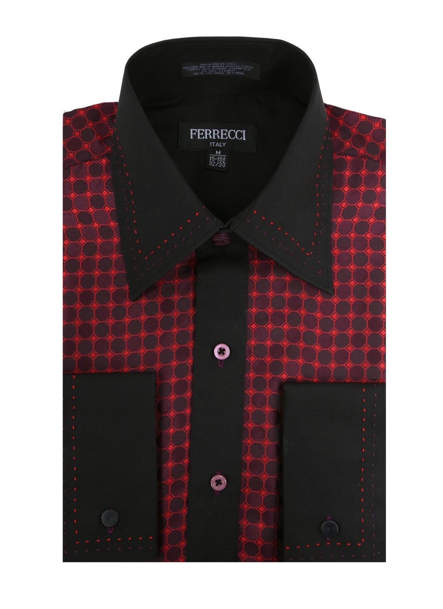 Ferrecci Men's Satine Hi-1023 Burgundy Red and Black Circle Pattern Button Down Dress Shirt