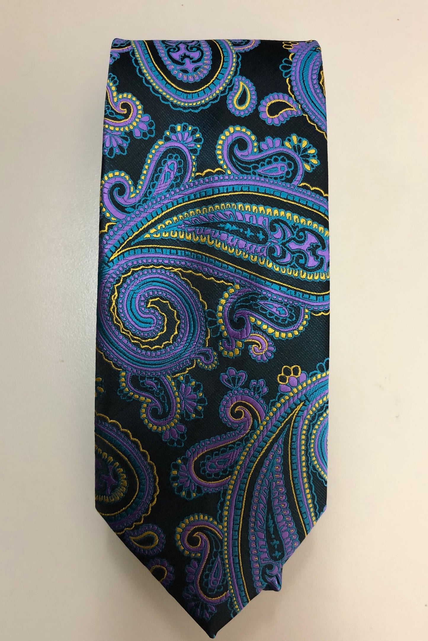 Mens Paisley Necktie Black Purple Yellow Combination