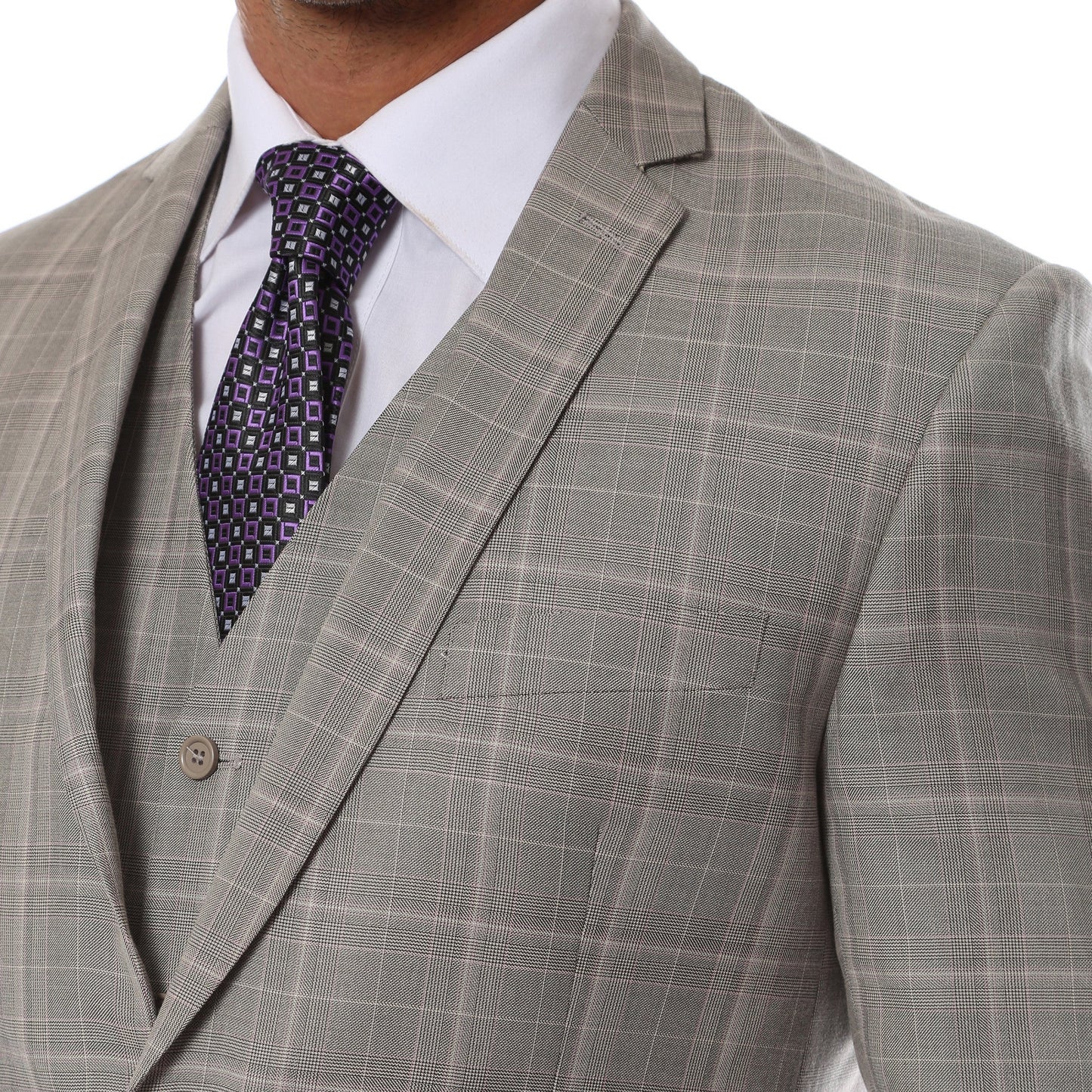 Lazio Taupe Grey 3pc Vested Slim Fit Plaid Suit