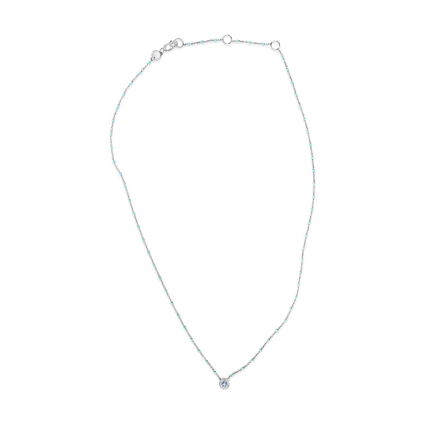 Collar de cadena con aguamarina celeste engastada en bisel de plata de ley y cuentas de esmalte
