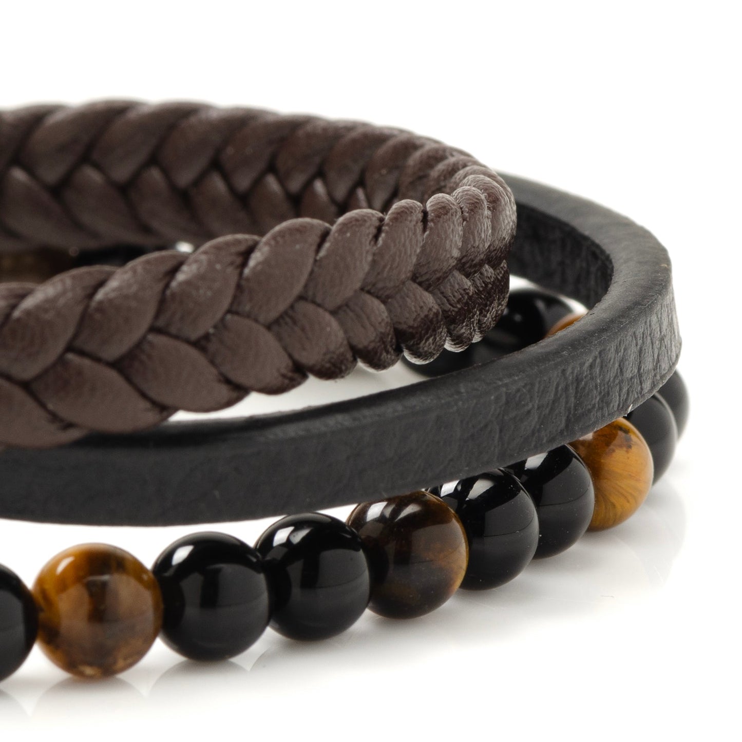 Stainless Steel Stacked Brown Leather Bracelet with Tigers Eye