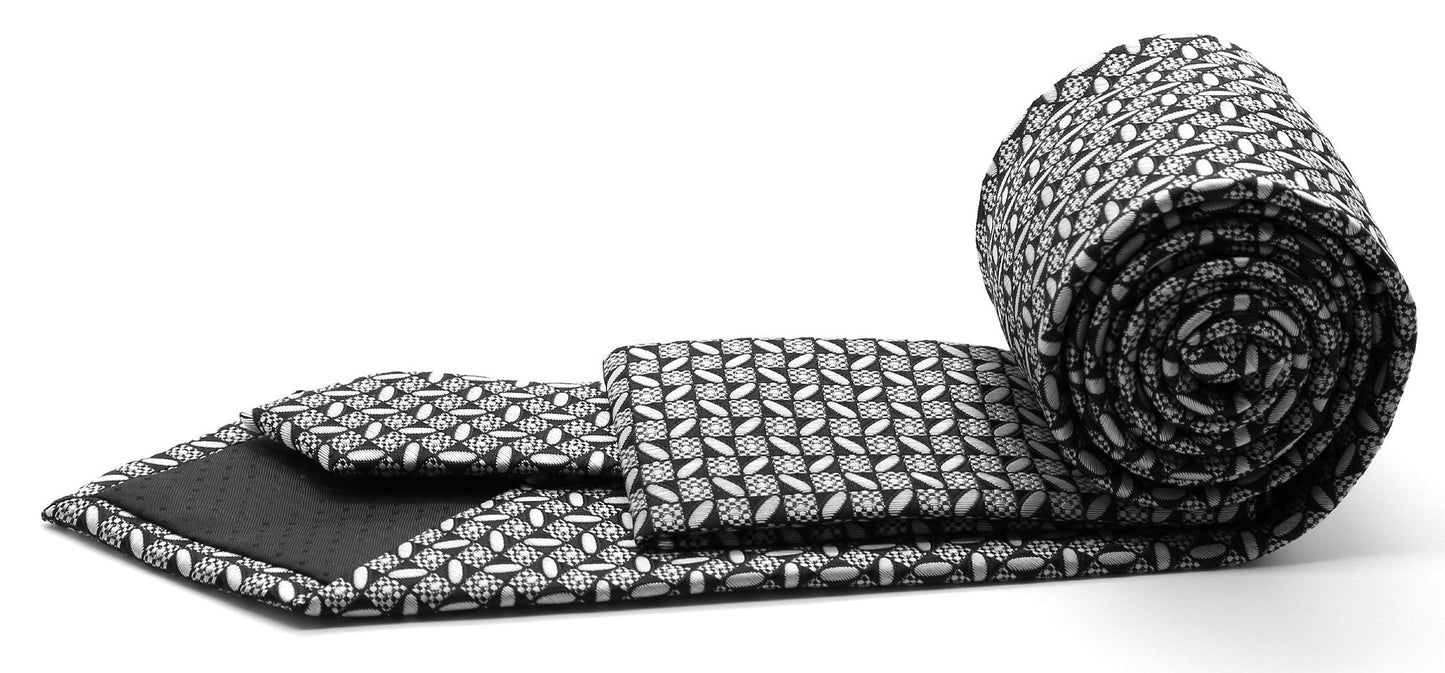 Mens Dads Classic Black Geometric Circle Pattern Business Casual Necktie & Hanky Set OO-1