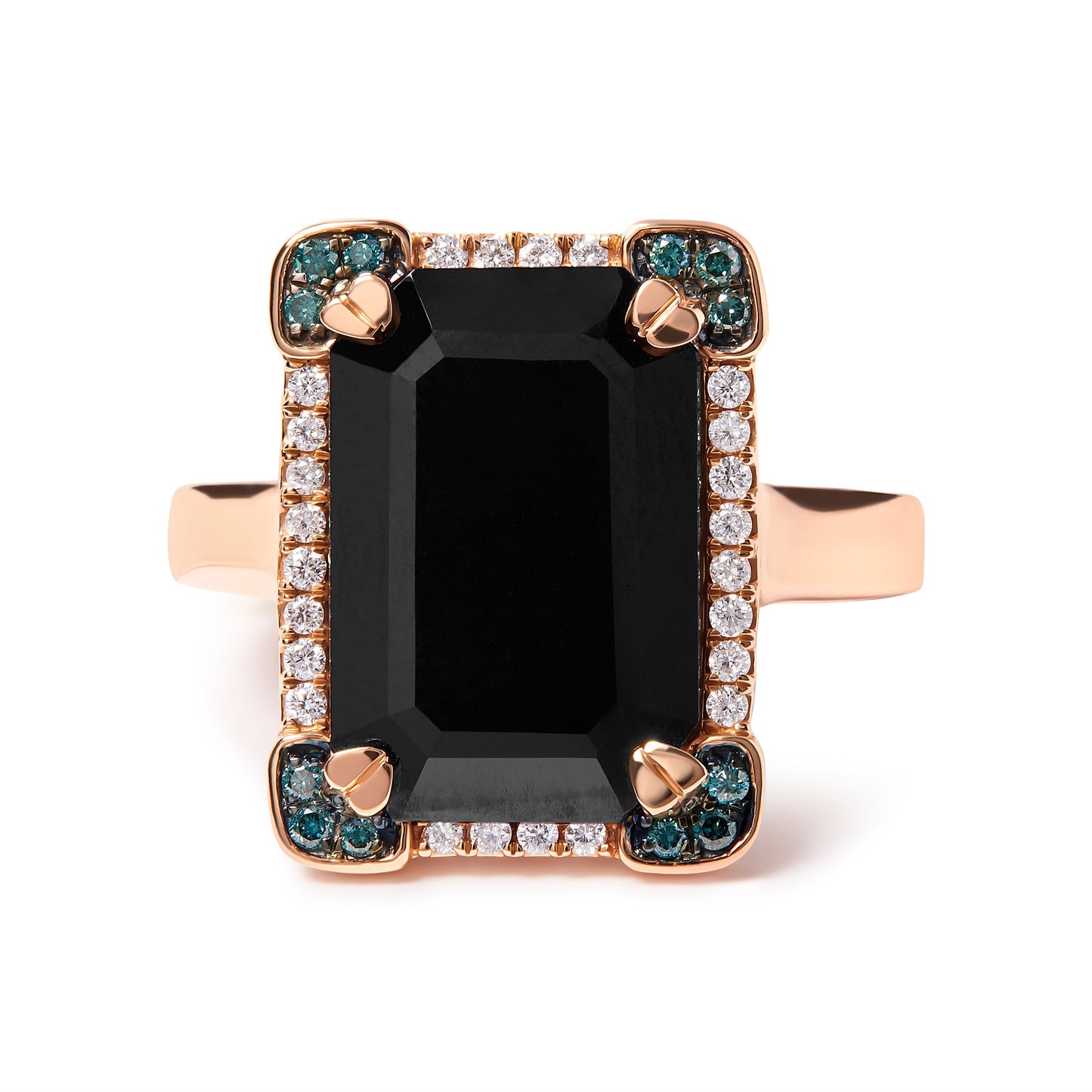 Anillo de cóctel de oro rosa de 14 quilates con ónix negro talla esmeralda de 15x10 mm y halo de diamantes azules y blancos de 1/5 quilates (color G-H, claridad SI1-SI2) - Talla 7