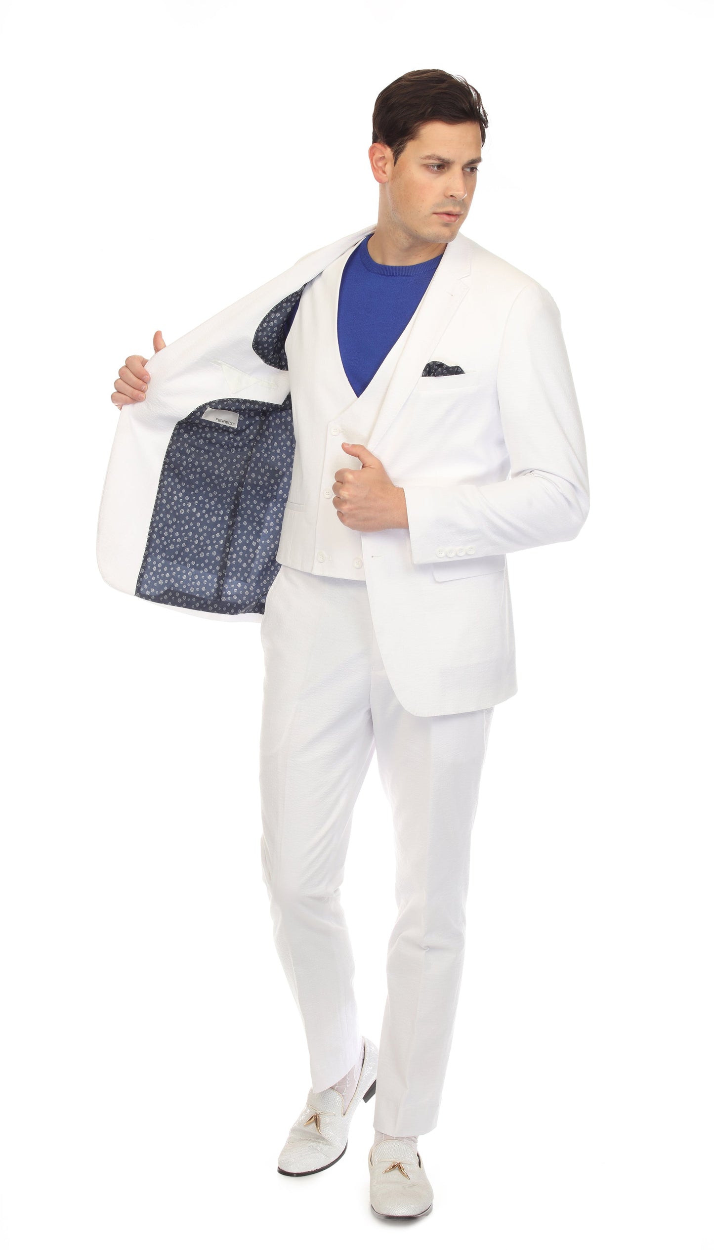 Men's Slim Fit Two Button White Seersucker Suit