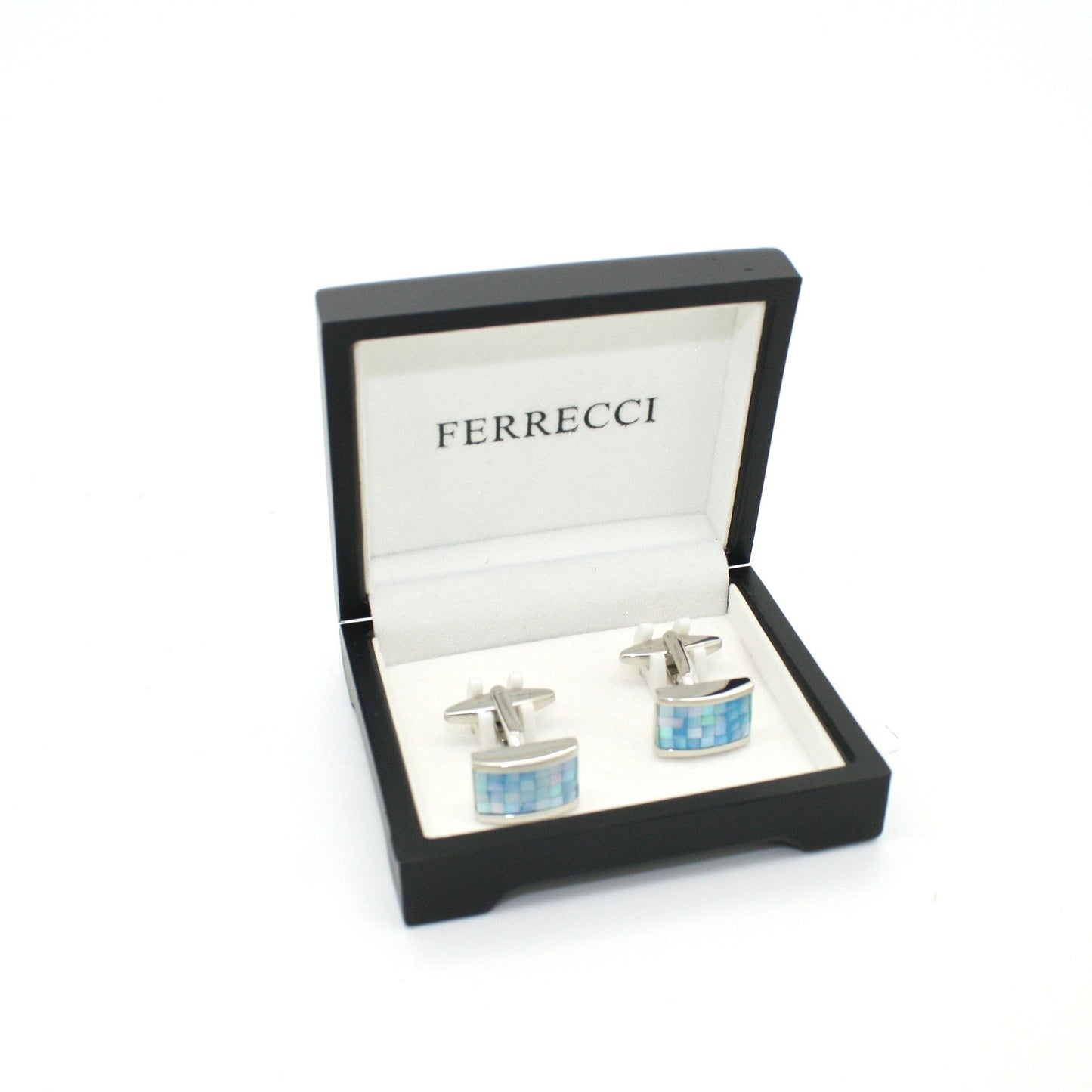 Silvertone Blue Shell Cuff Links With Jewelry Box