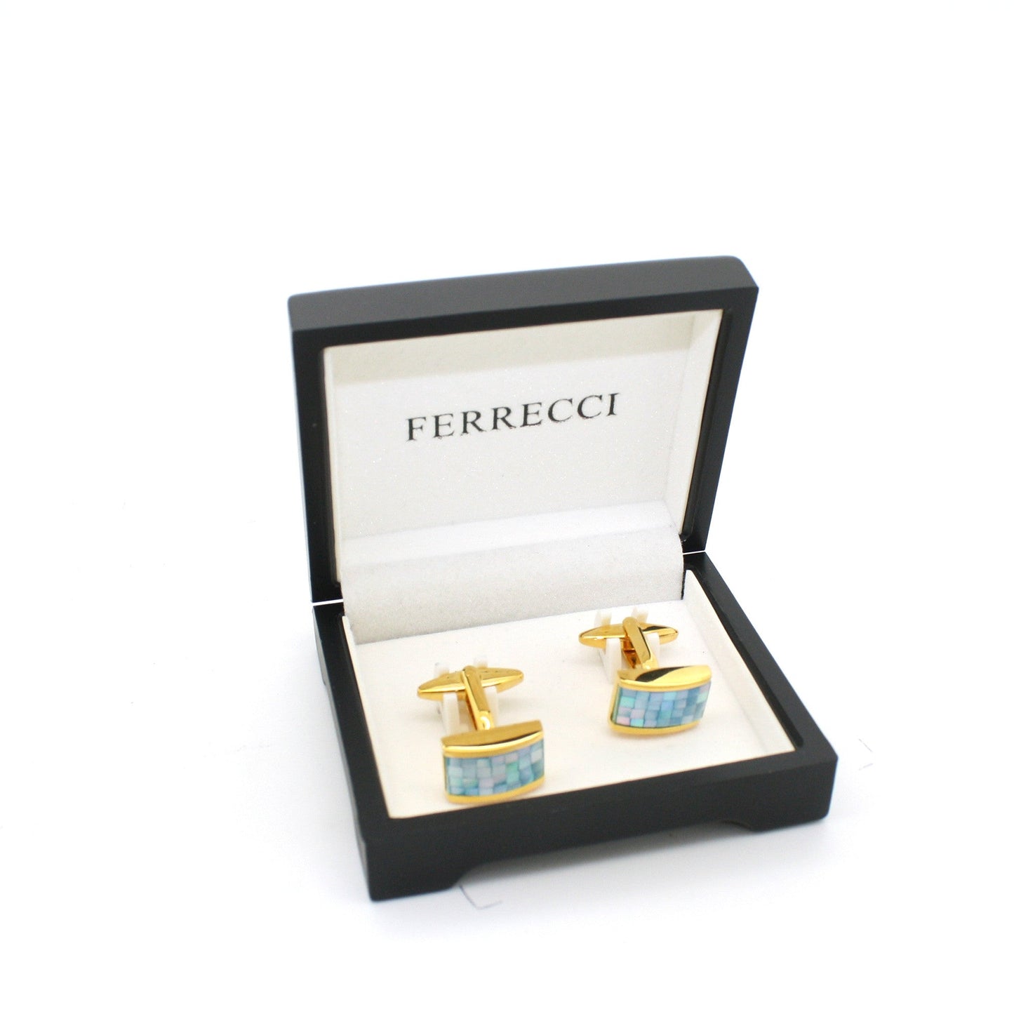 Goldtone Blue Shell Cuff Links With Jewelry Box