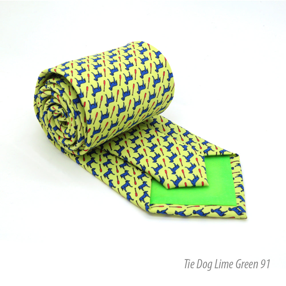 Dog Lime Green Necktie with Handkerchief Set