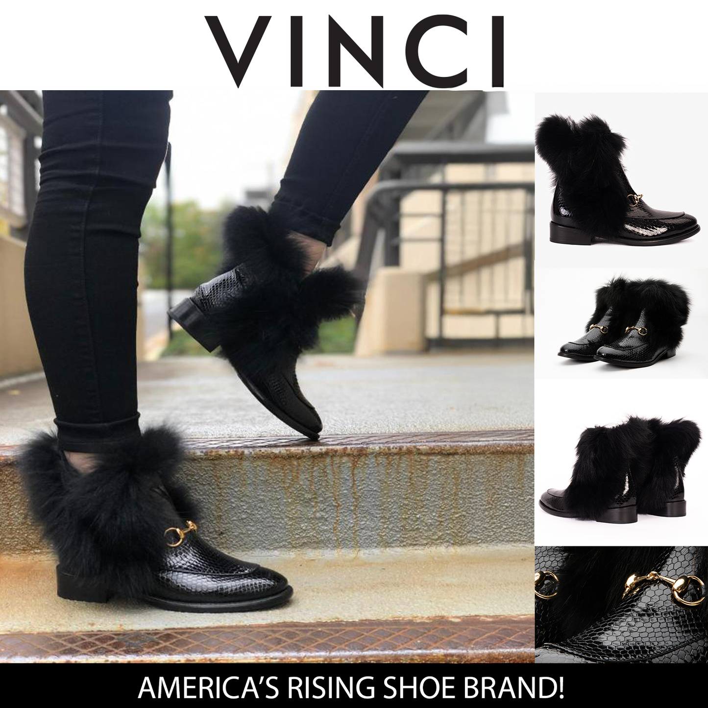 The Izmir Black Patent Leather Natural Fur Mid Calf Women Boot