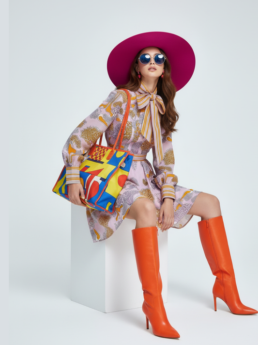 Vintage Print Mini Dress with Bowknot Collar and Colorblock For Women, Chelsea, BYMANYC New York. - My Men's Shop