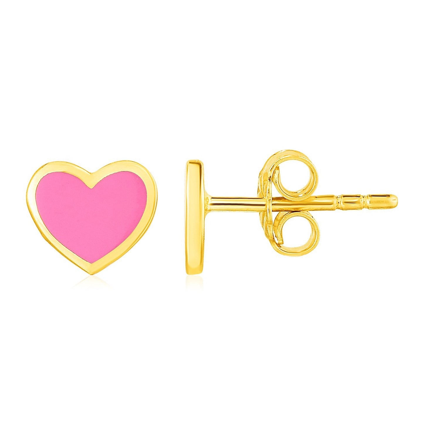 Pendientes de oro amarillo de 14k con esmalte de corazón rosa