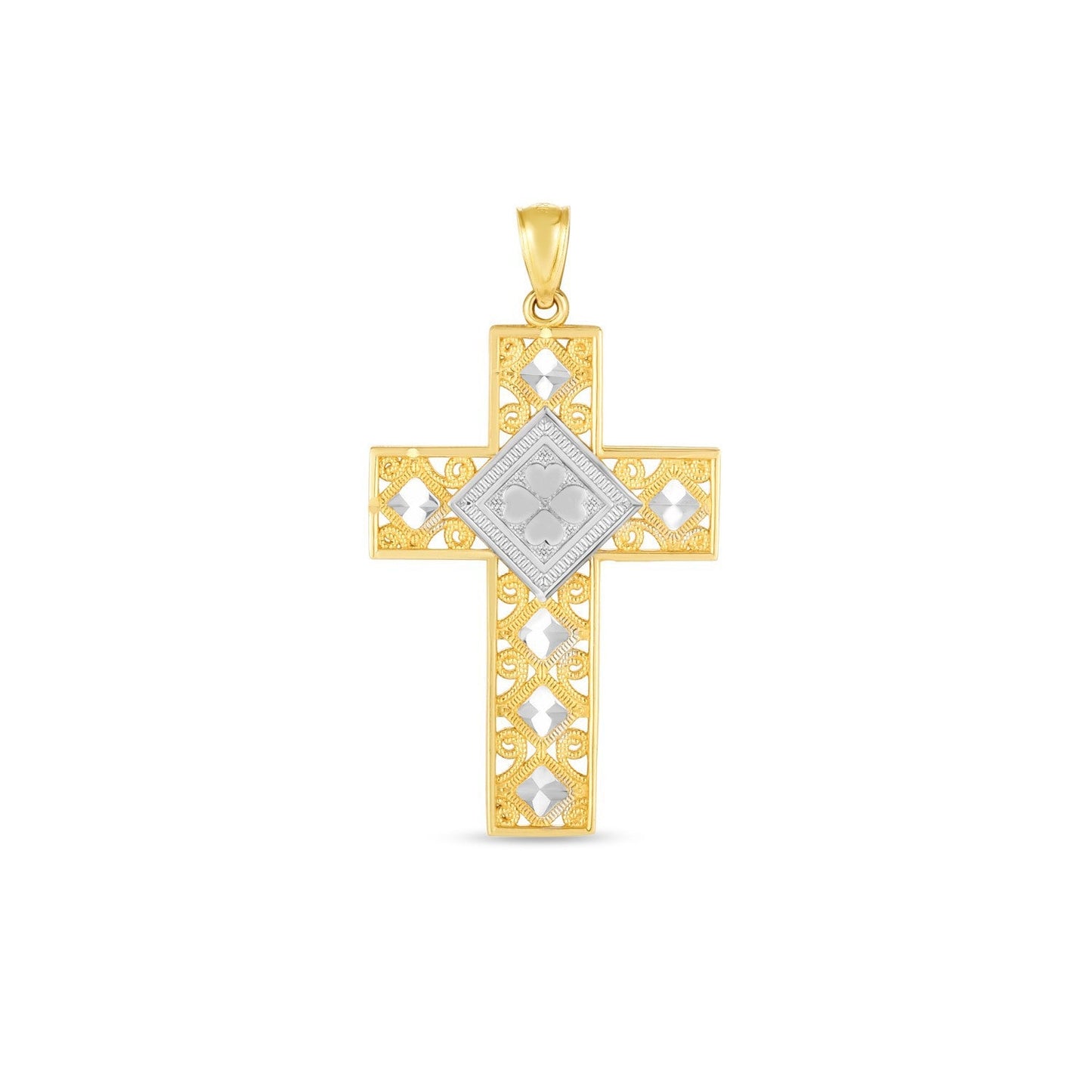 Colgante de cruz de oro de dos tonos de 14k con acabado pulido brillante y corte de diamante