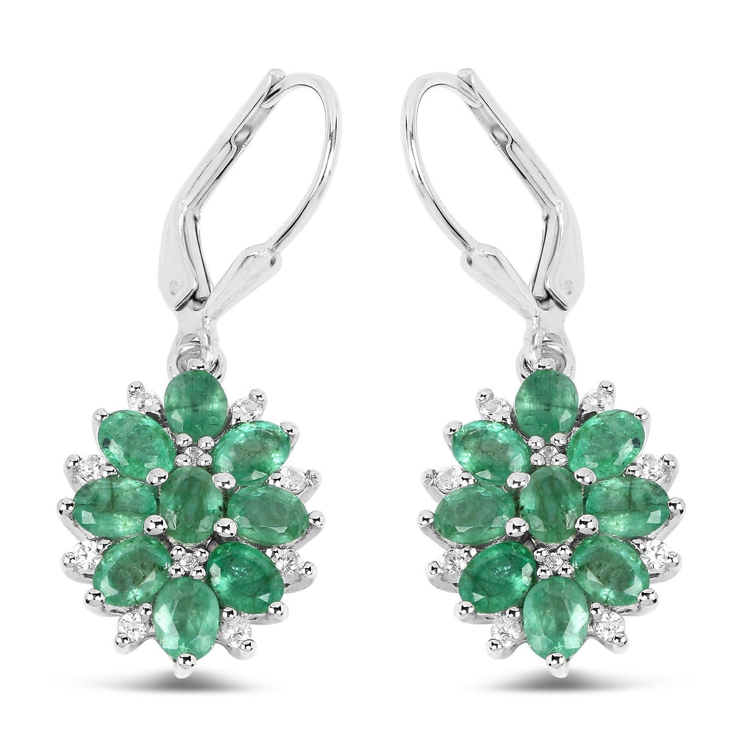 Pendientes de Plata de Ley .925 con Esmeralda Zambiana Genuina de 3,04 Quilates y Circones Blancos