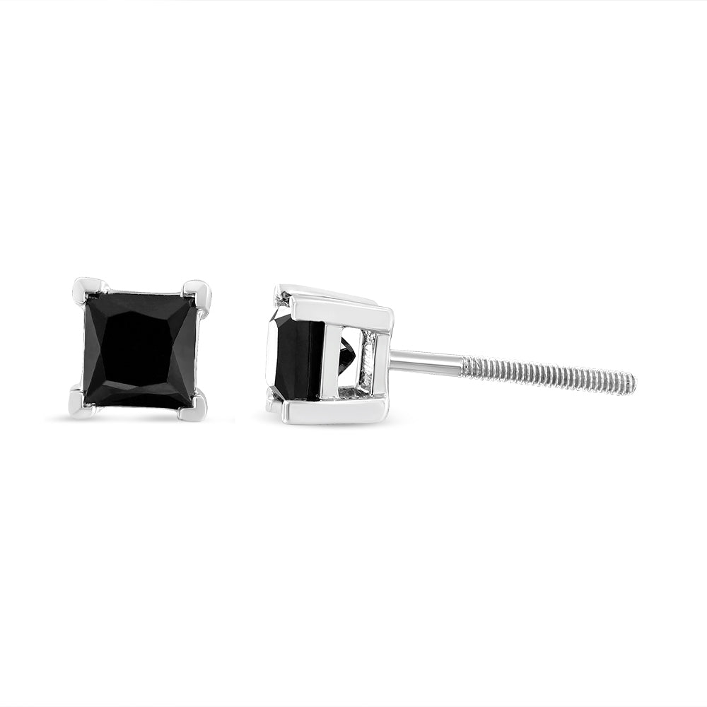 Pendientes de tuerca clásicos de plata de ley 925 con diamantes negros de corte princesa de 4,00 quilates y 4 puntas, con cierre de rosca.