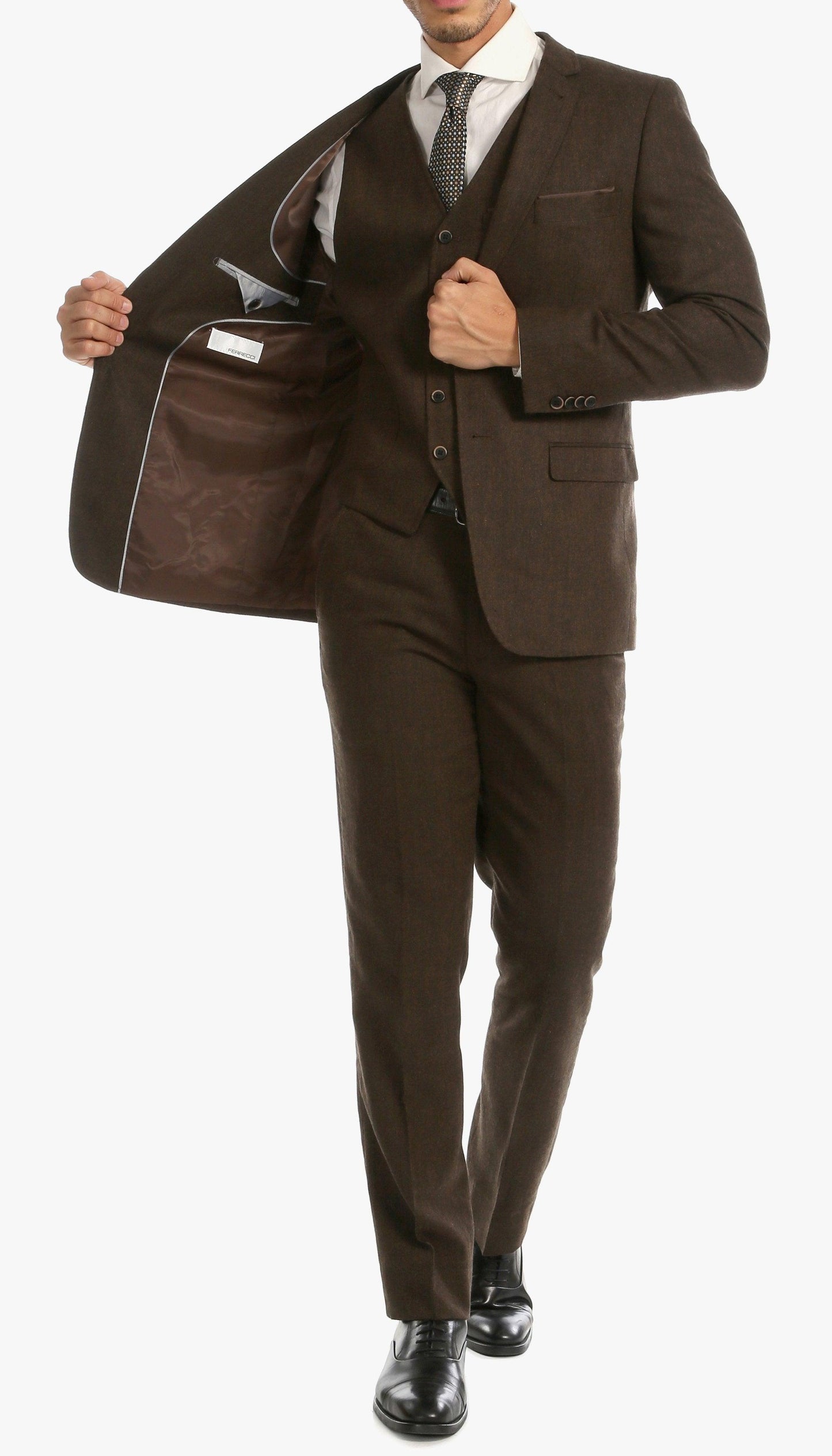Bradford Cognac Slim Fit 3 Piece Tweed Suit Notch.