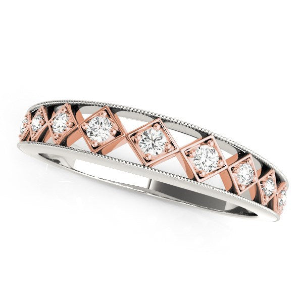 Alianza de boda única de oro blanco y oro rosa de 14k con diamante (1/10 cttw)