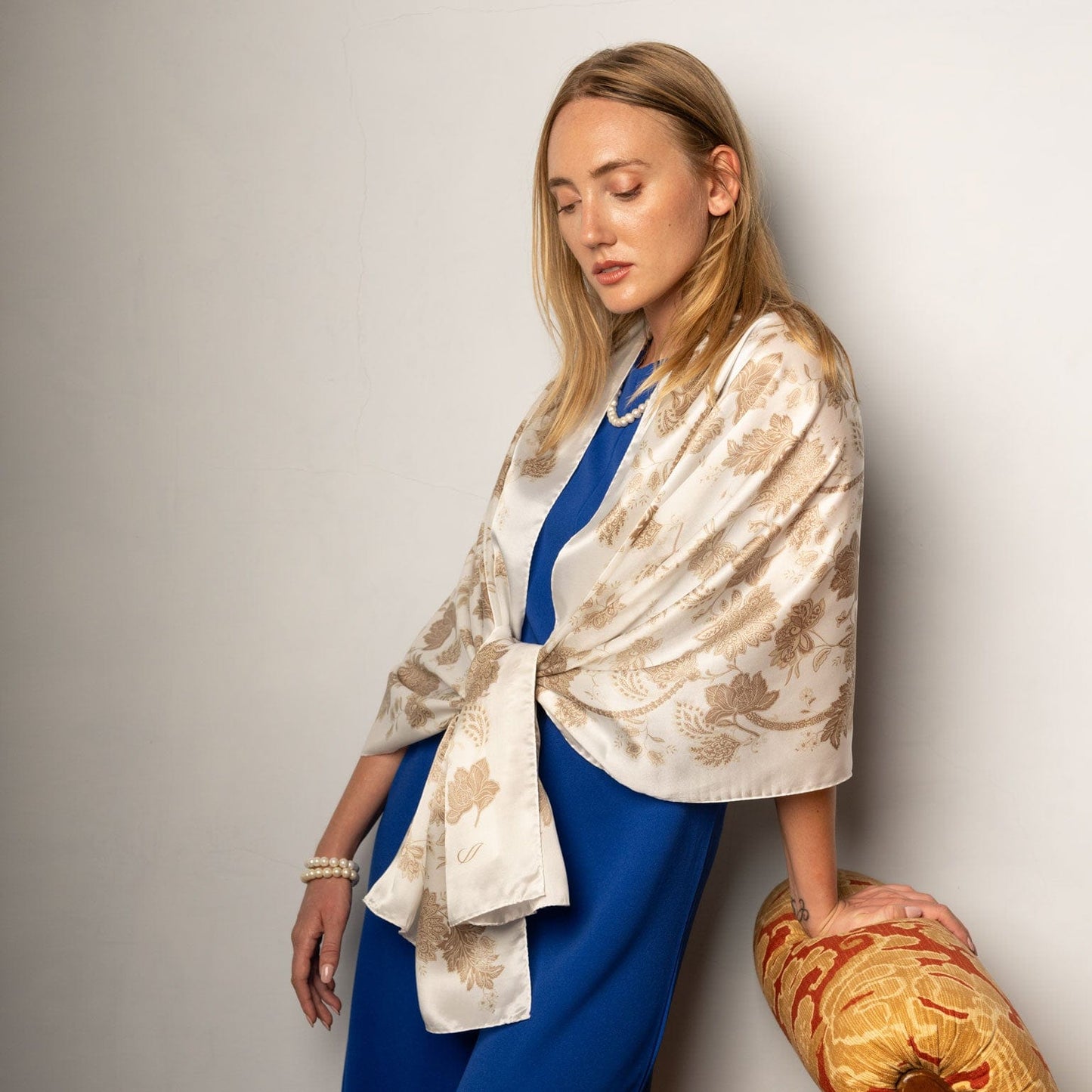 Esmeralda - Silk Scarf Shawl - Soft White & Gold