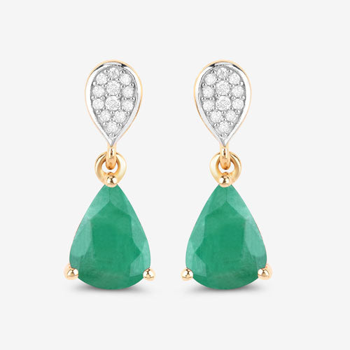 Pendientes de oro amarillo de 10K con esmeralda zambiana auténtica de 2,28 quilates y diamantes blancos