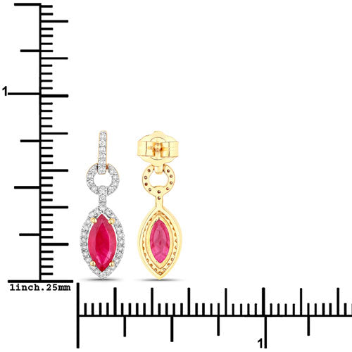 Pendientes de Oro Amarillo de 14K con Rubí Genuino de 1.23 Quilates y Diamantes Blancos