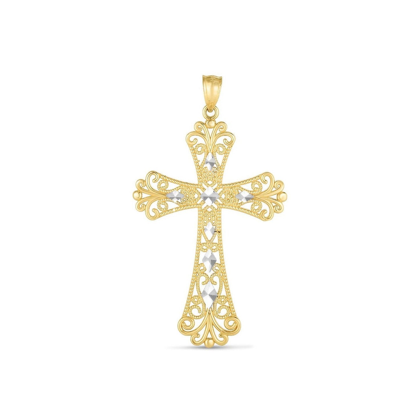 Colgante de cruz de oro de dos tonos de 14k con acabado pulido brillante y corte de diamante