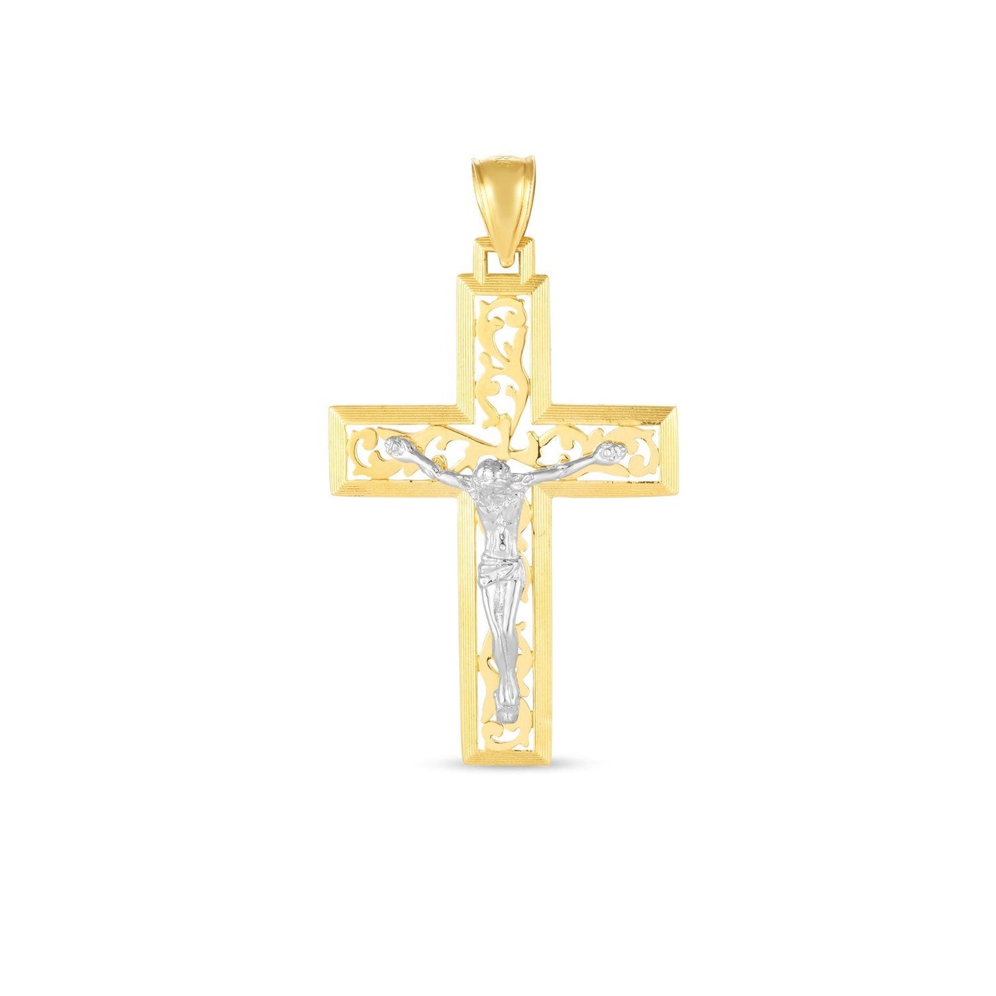 Colgante de cruz de oro de dos tonos de 14k con acabado pulido brillante y corte de diamante