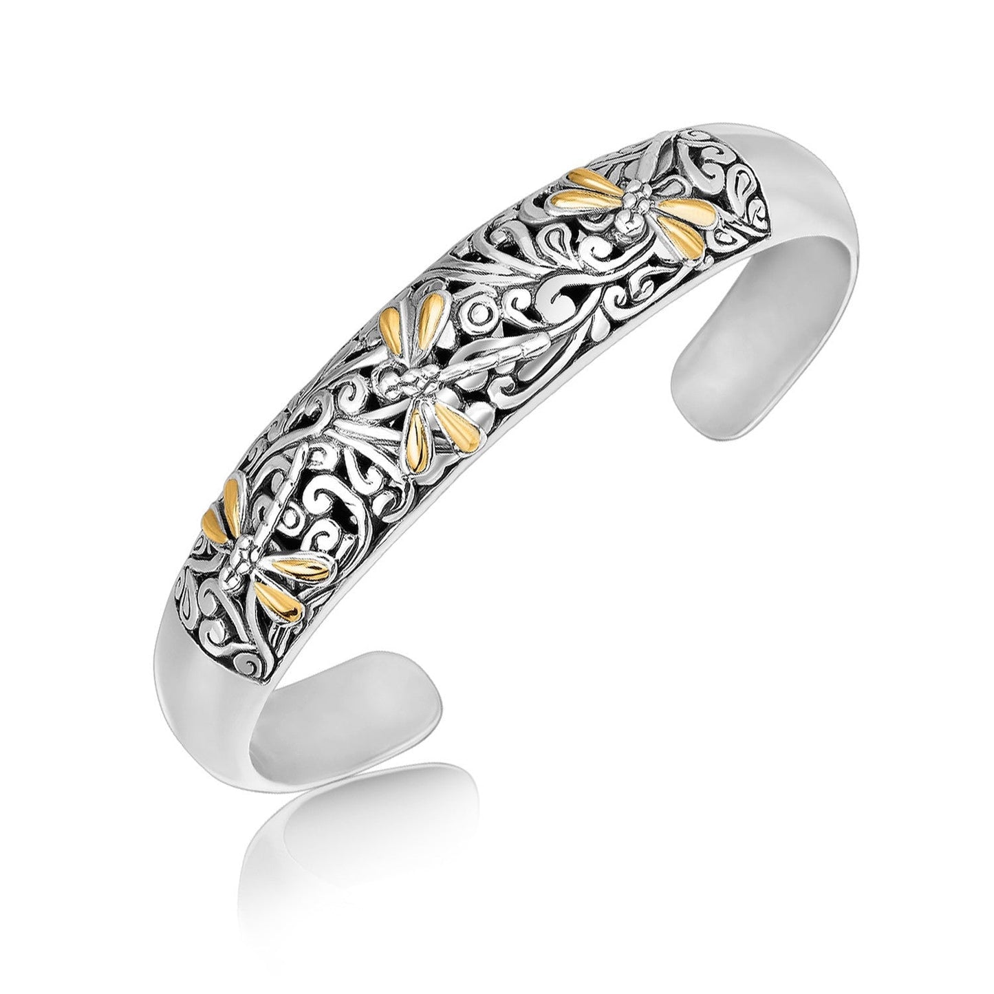 Brazalete de oro amarillo de 18k y plata de ley con libélula y filigranas