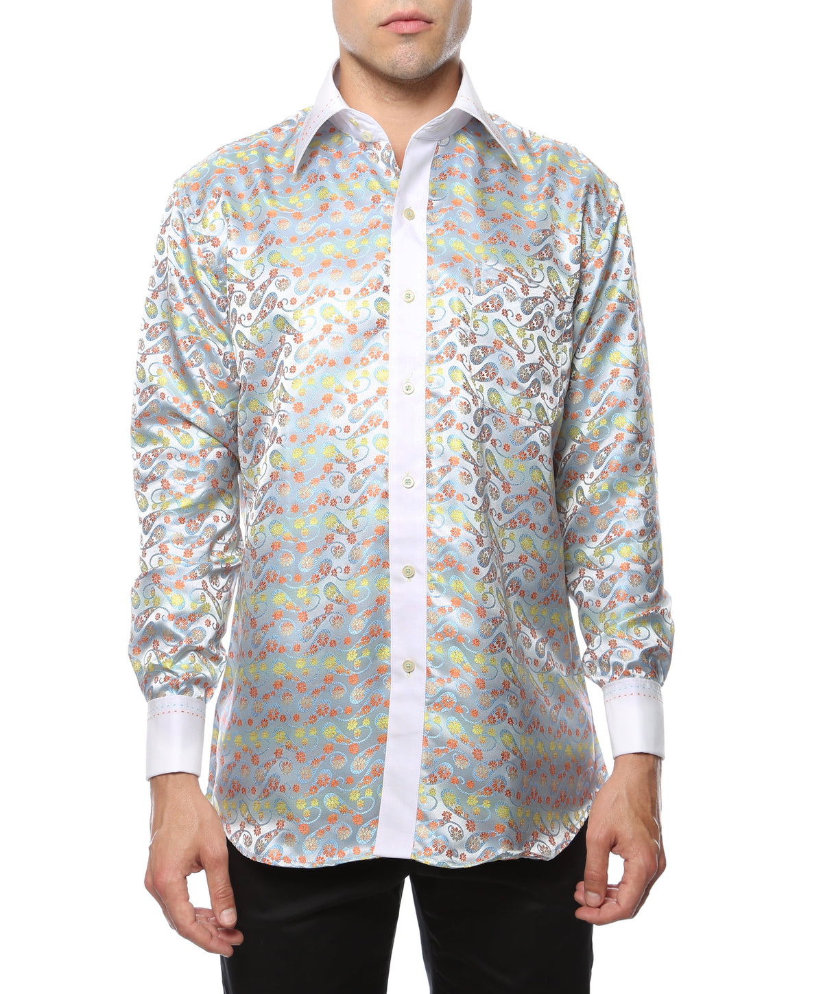 Men's Multi Color Floral Satin Dress Shirt – High Collar, French Cuff | Ferrecci Hi-1002