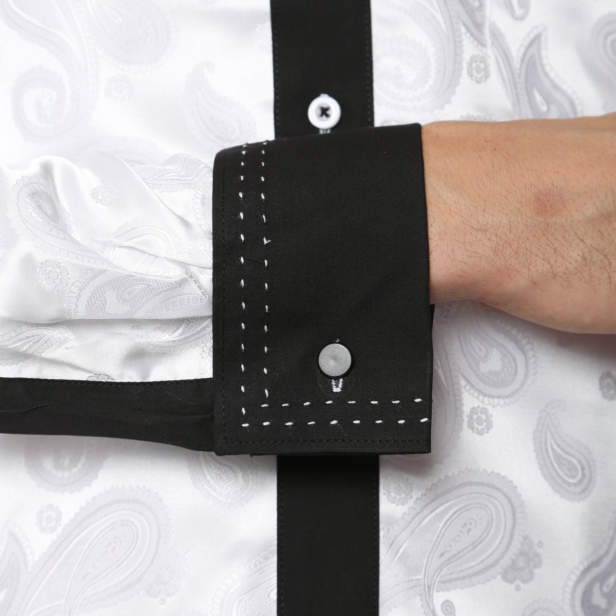Men's White & Black Floral Satin Dress Shirt – High Collar, French Cuff | Ferrecci Hi-1003