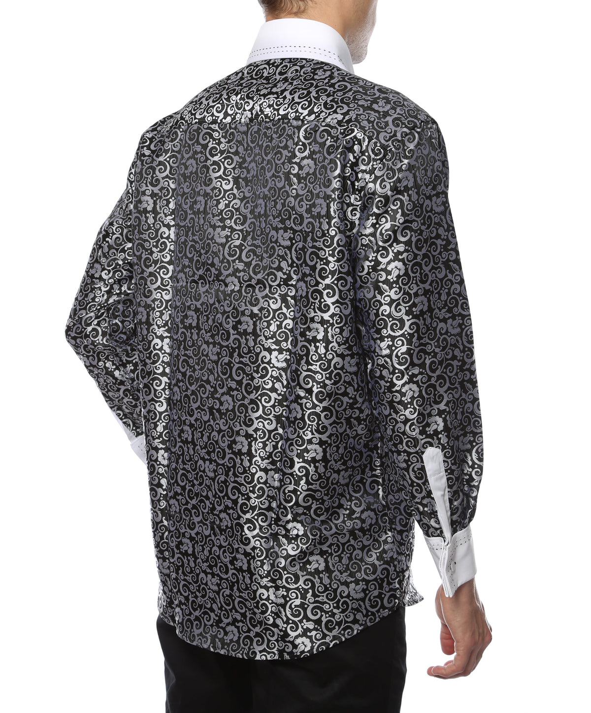Men's Black & White Baroque Scroll Satin Dress Shirt – High Collar, French Cuff | Ferrecci Hi-1006