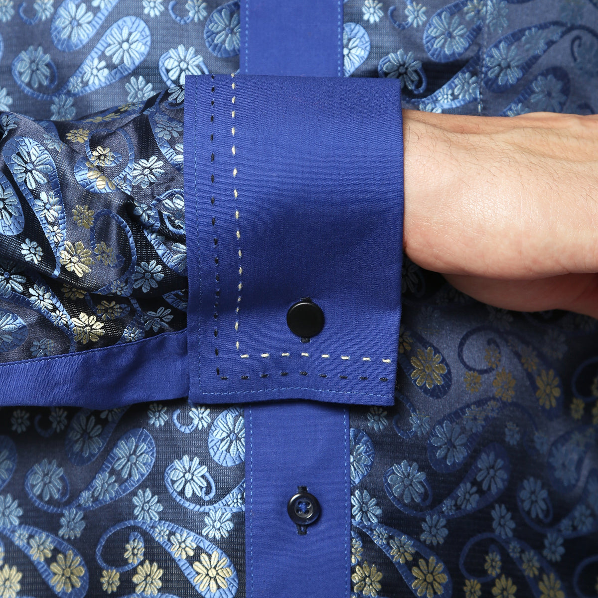 Men's Blue Paisley Floral Satin Dress Shirt – High Collar, French Cuff | Ferrecci Hi-1009