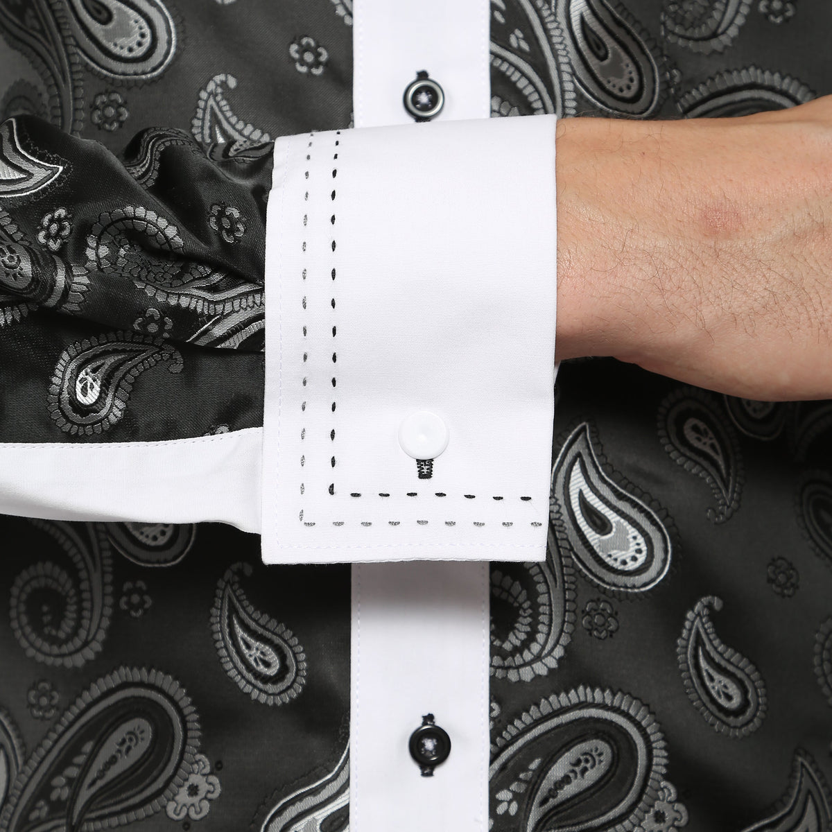 Men's White & Black Paisley Satin Dress Shirt – High Collar, French Cuff | Ferrecci Hi-1014