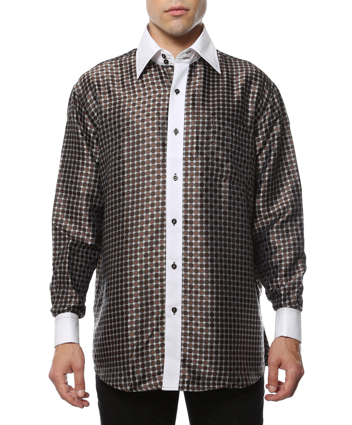 Men's Brown Circle Print Satin Dress Shirt – High Collar, French Cuff | Ferrecci Hi-1022