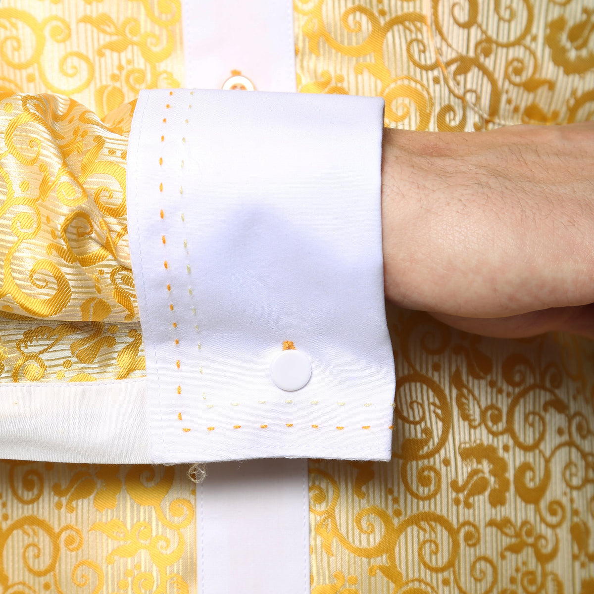 Men's Yellow Baroque Scroll Satin Dress Shirt – High Collar, French Cuff | Ferrecci Hi-1026